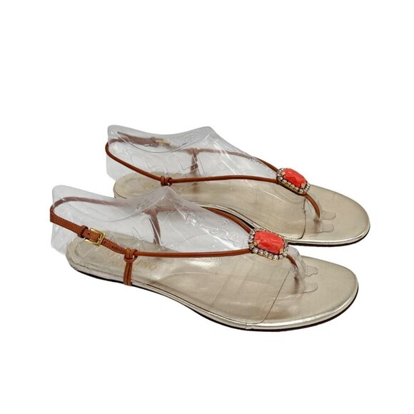 VTG Valentino Gold Thong Flat Sandals Sz.10 Coral Rhinestones Boho Designer - Picture 8 of 16